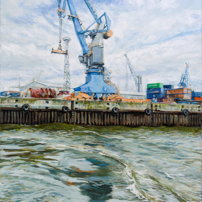 Abfahrt! Kran im Hamburger Hafen, 70 × 50 cm, Öl auf Leinwand, 2021