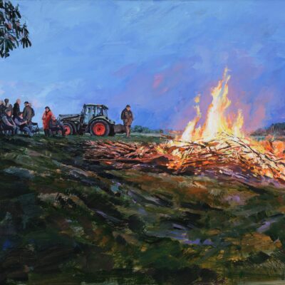 Maifeuer auf der alten Warft, 46 × 61 cm, Acryl auf Leinwand, 2024 ... VERKAUFT